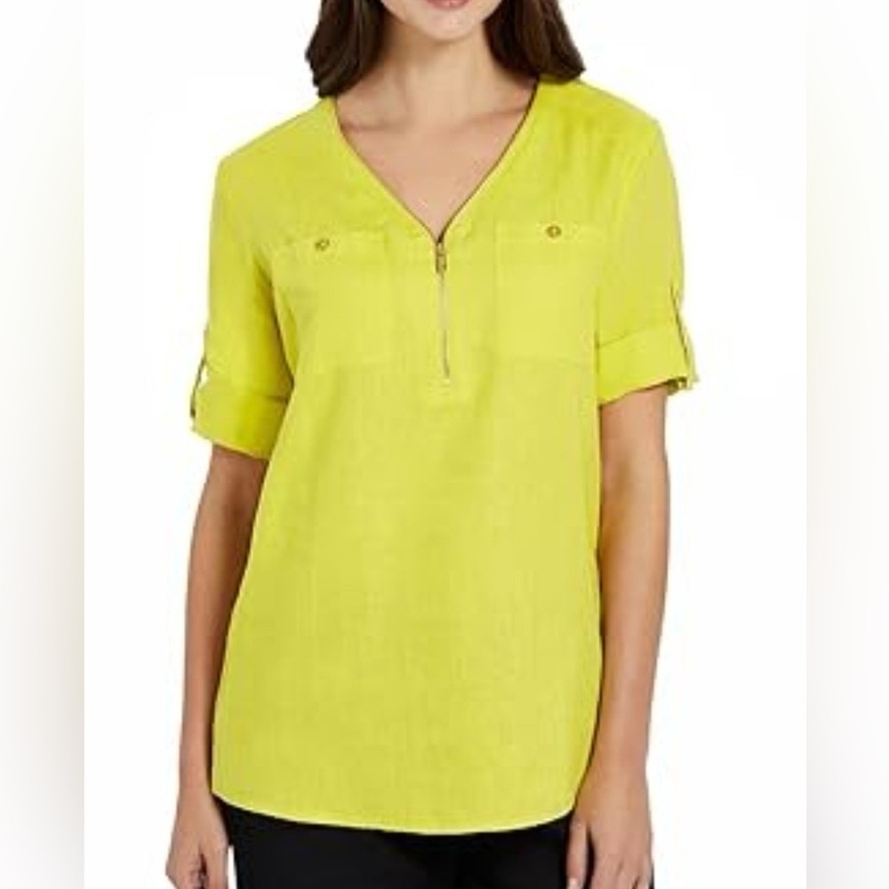 Ellen Tracy Chartreuse 100% Linen V-Neck Zipper Blouse
